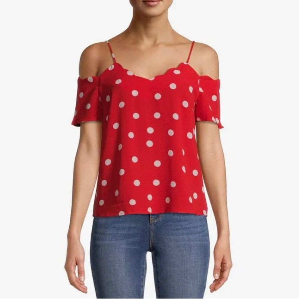 Red and white polka dot off shoulder scallop top size small